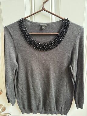 Ann Taylor Charcoal Gray Sweater with Beaded Collar